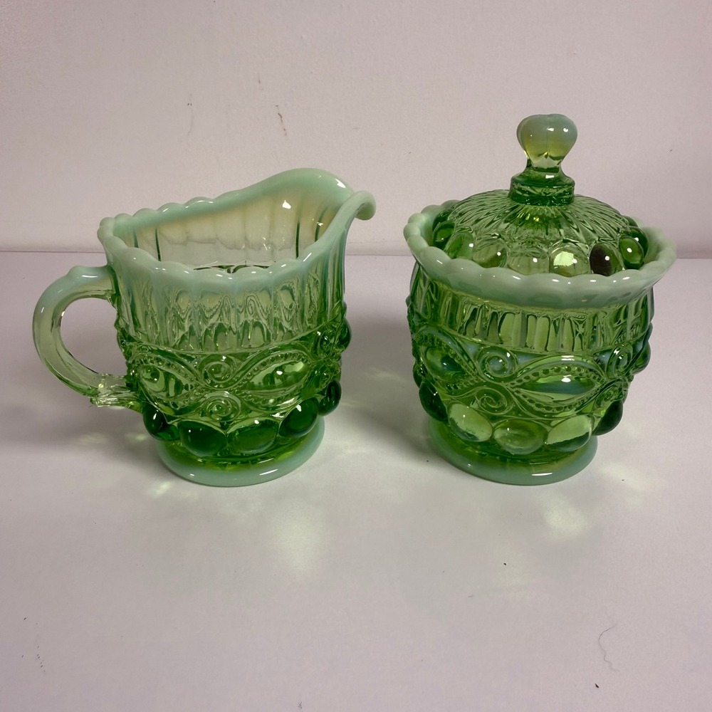 Mosser Glass Eye Winker Green Opalescent Creamer and Covered Sugar Bowl Set